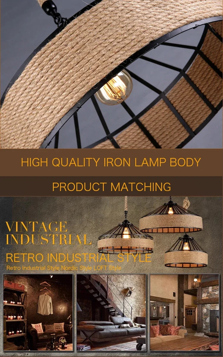 Classical Hemp Rope Pendant Lamp – Retro Industrial Ceiling Light