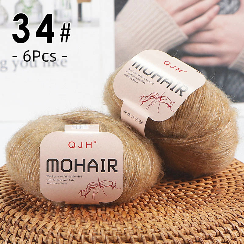 6pcs Soft Mohair Angora Yarn – Fluffy Lace Yarn for Knitting & Crochet (25g/pc)