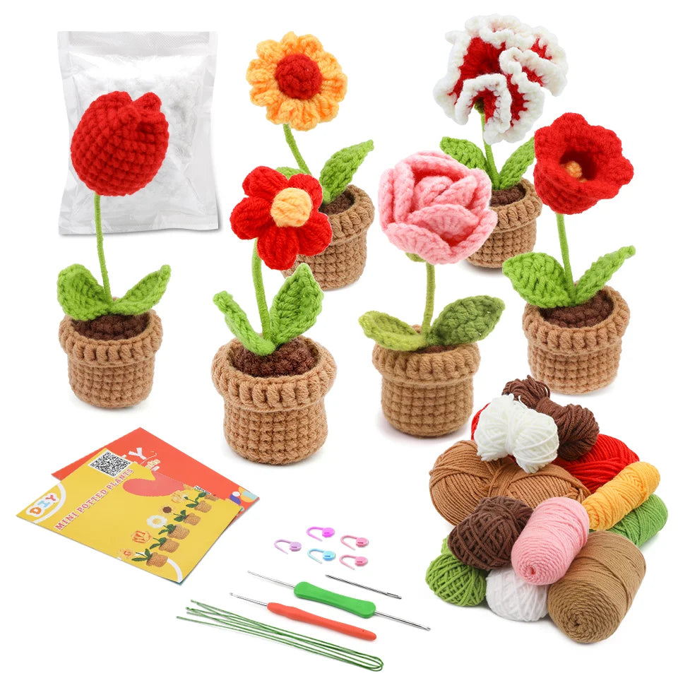 KRABALL 6pcs Beginner Crochet Potted Flower Kit