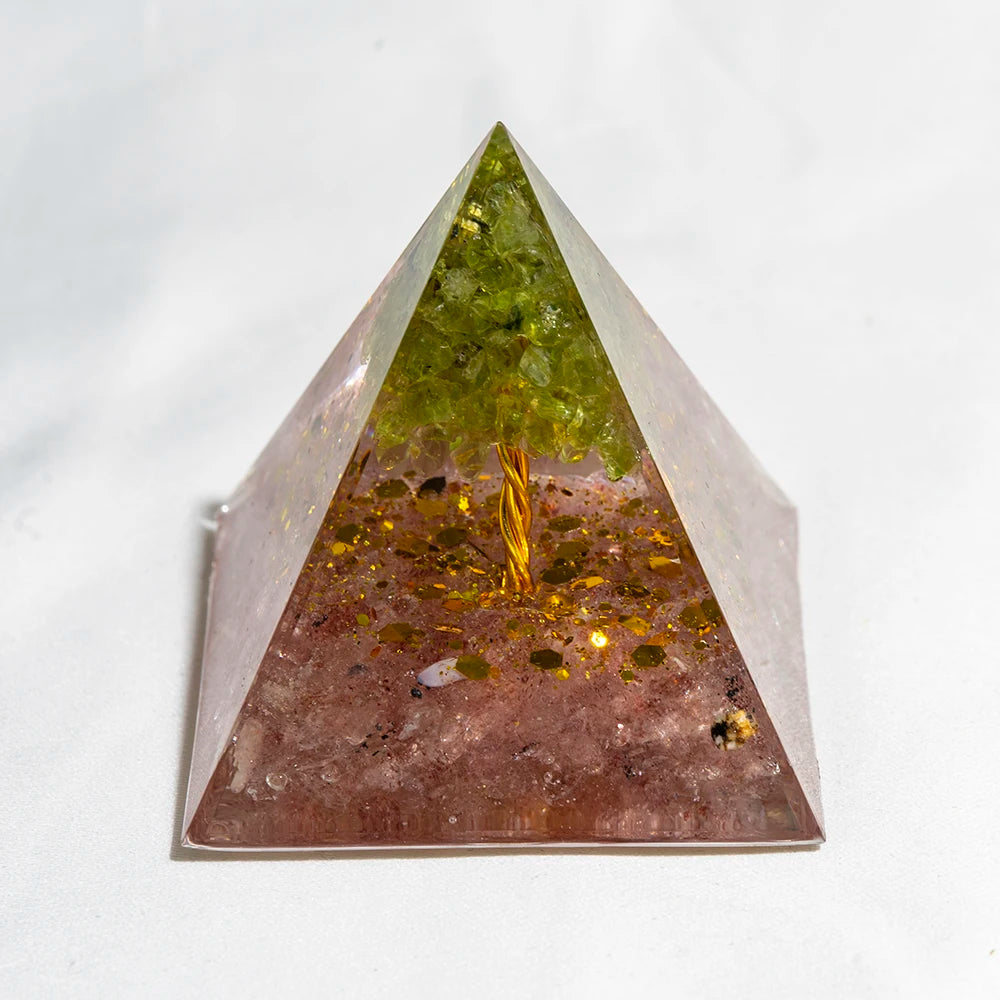 Crystal Energy Pyramid with Peridot and Amethyst for Chakra Healing