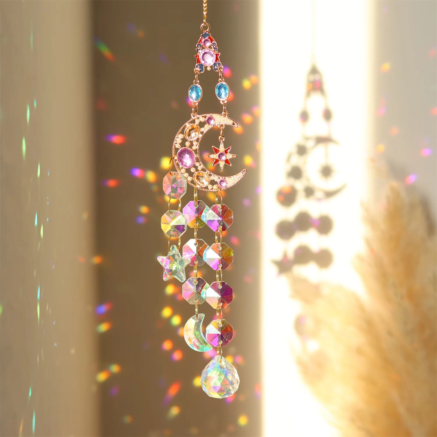 Crystal Sun Catcher with Moon, Butterfly, and Lotus for Home Decor
