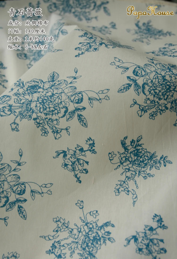 Blue White Porcelain Rose Cotton Poplin Fabric 140x50cm