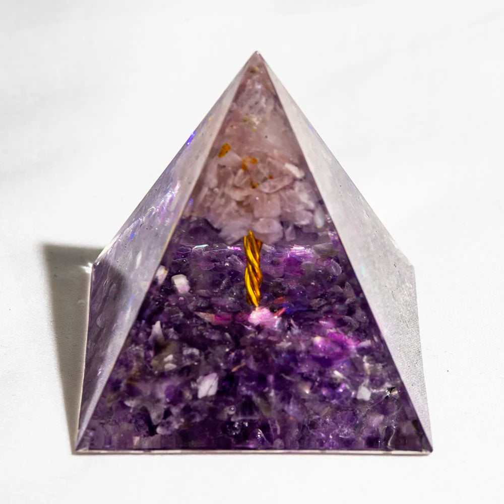Crystal Energy Pyramid with Peridot and Amethyst for Chakra Healing