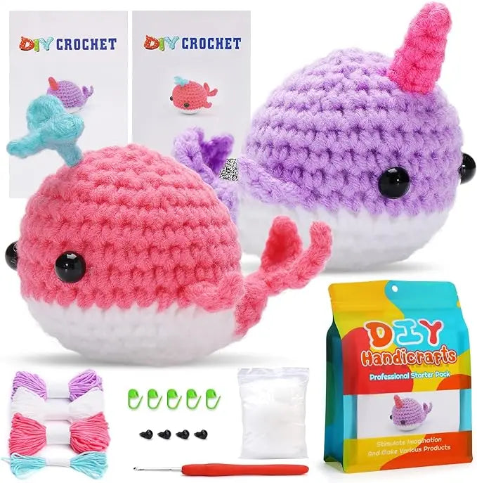 MIUSIE 2PCS DIY Animal Crochet Kit Whale Dolls with Wool Yarn (4 Colors)