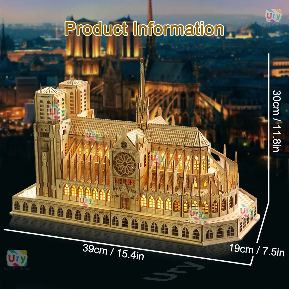 3D Wooden Puzzle – Notre Dame Cathedral with Lights