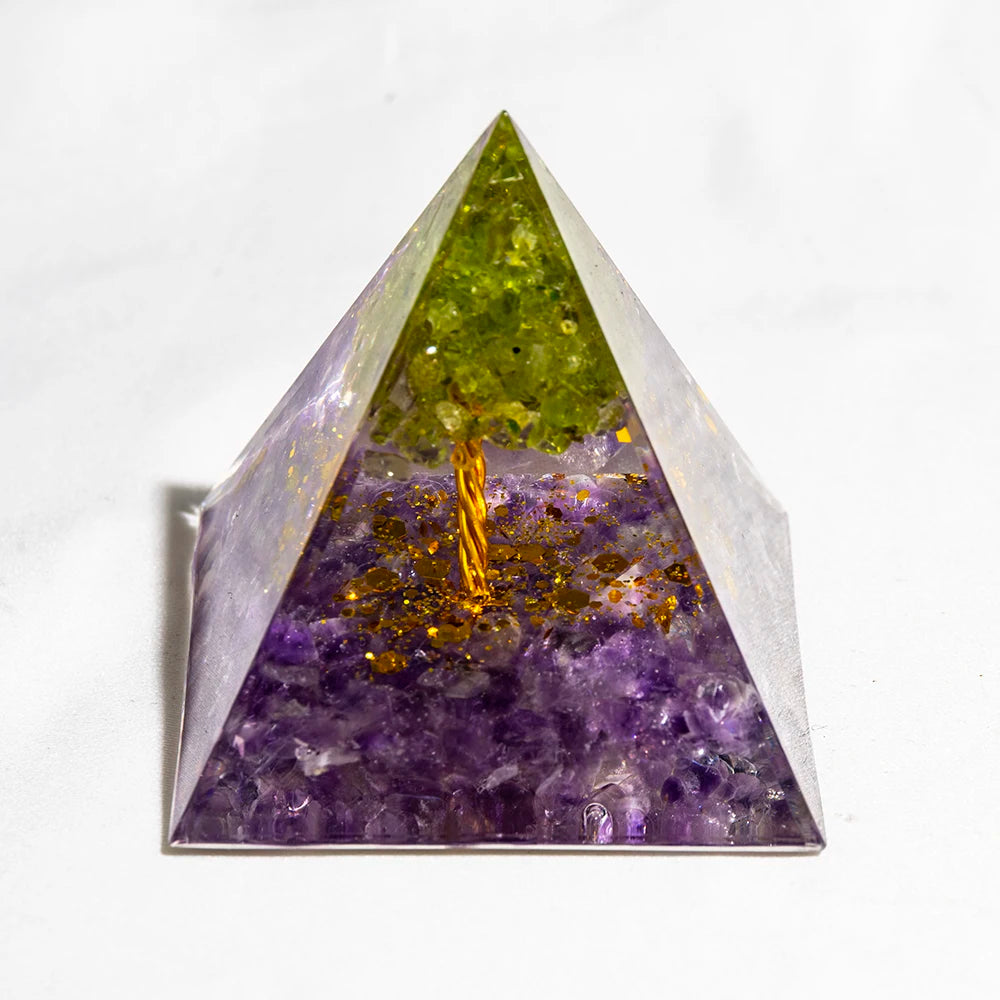 Crystal Energy Pyramid with Peridot and Amethyst for Chakra Healing