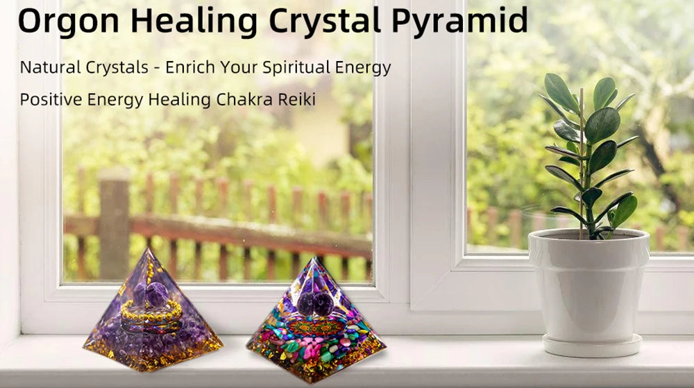 Crystal Energy Pyramid with Peridot and Amethyst for Chakra Healing