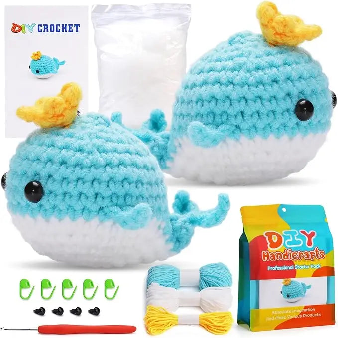 MIUSIE 2PCS DIY Animal Crochet Kit Whale Dolls with Wool Yarn (4 Colors)