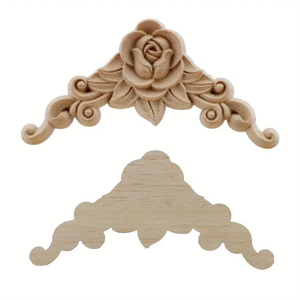 4pcs Natural Wood Carved Appliques – Decorative Corner Figurines for Furniture & Walls