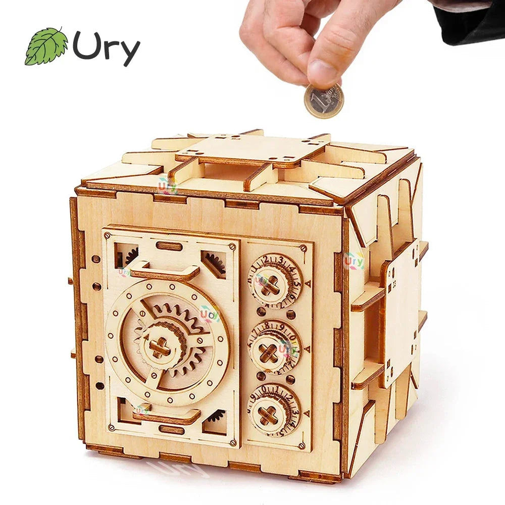 URY 3D Wooden Password Piggy Bank Puzzle