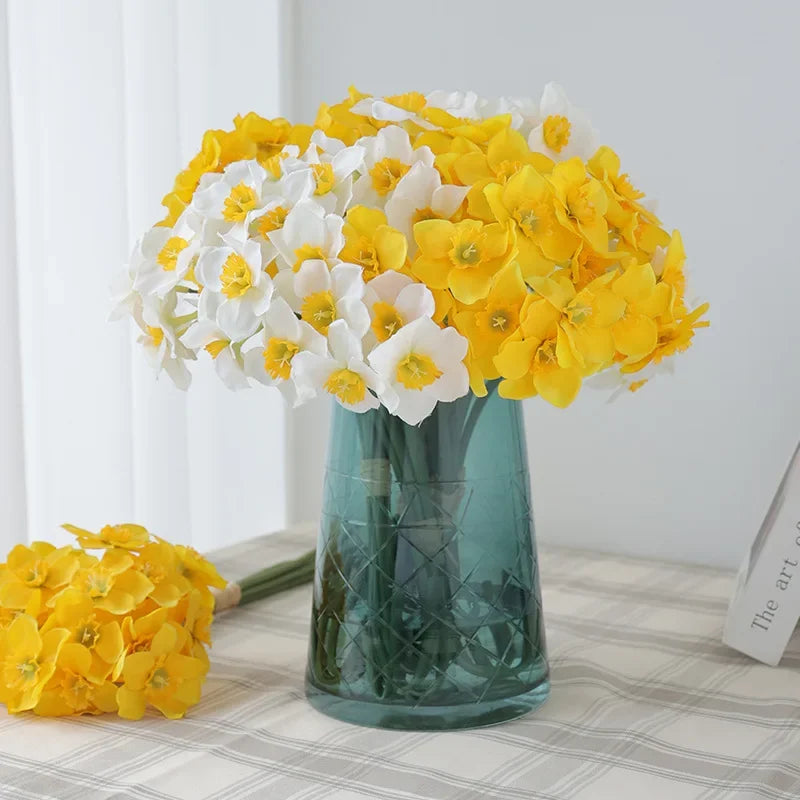 6pcs Silk Narcissus Artificial Flower Bouquet for Home or Wedding Deco