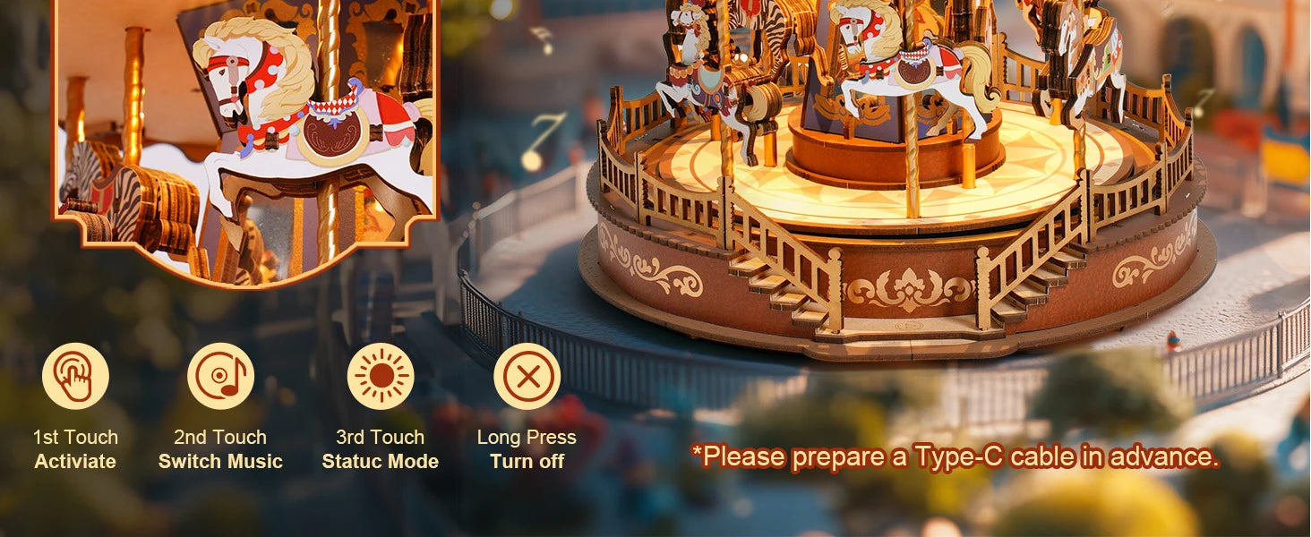 Robotime 3D Wooden Carousel Music Box with LED Lights