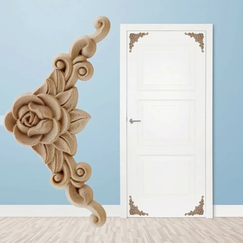 4pcs Natural Wood Carved Appliques – Decorative Corner Figurines for Furniture & Walls