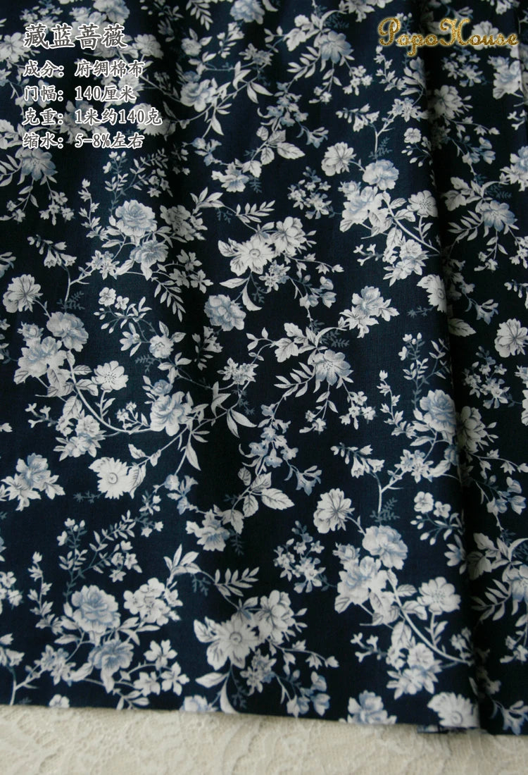Blue White Porcelain Rose Cotton Poplin Fabric 140x50cm