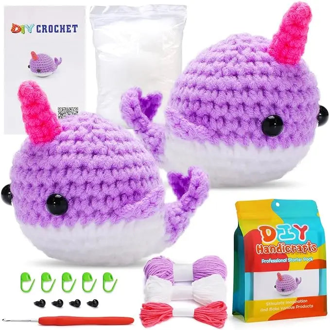MIUSIE 2PCS DIY Animal Crochet Kit Whale Dolls with Wool Yarn (4 Colors)