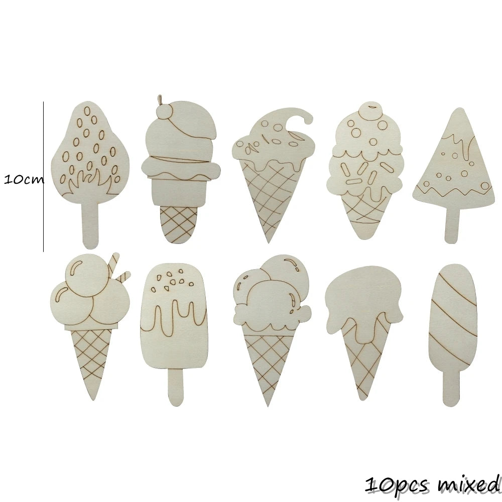10pcs Wooden Ice Cream Ornaments for DIY Crafts