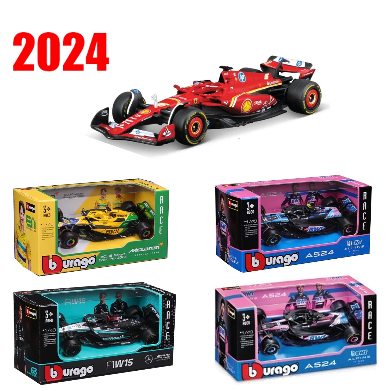 2024 Bburago 1:43 F1 Alpine A524 Diecast Model – Blue & Pink
