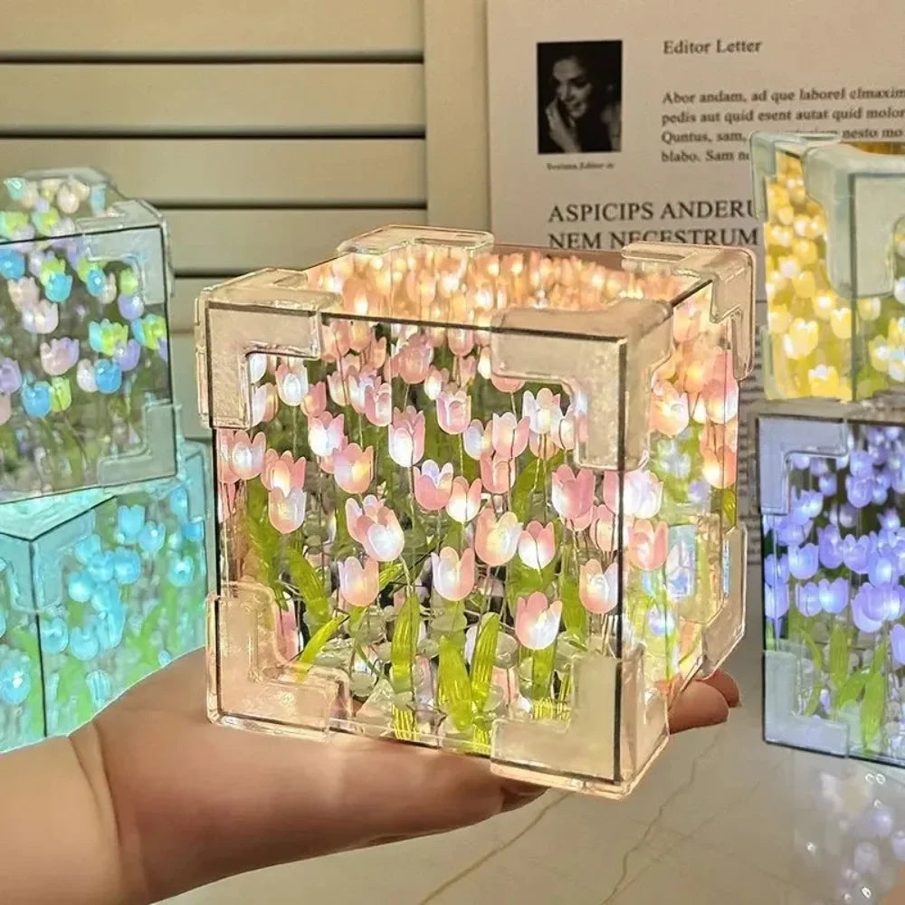 DIY Tulip Mirror Cube Lamp – Handmade Flower Night Light for Bedroom