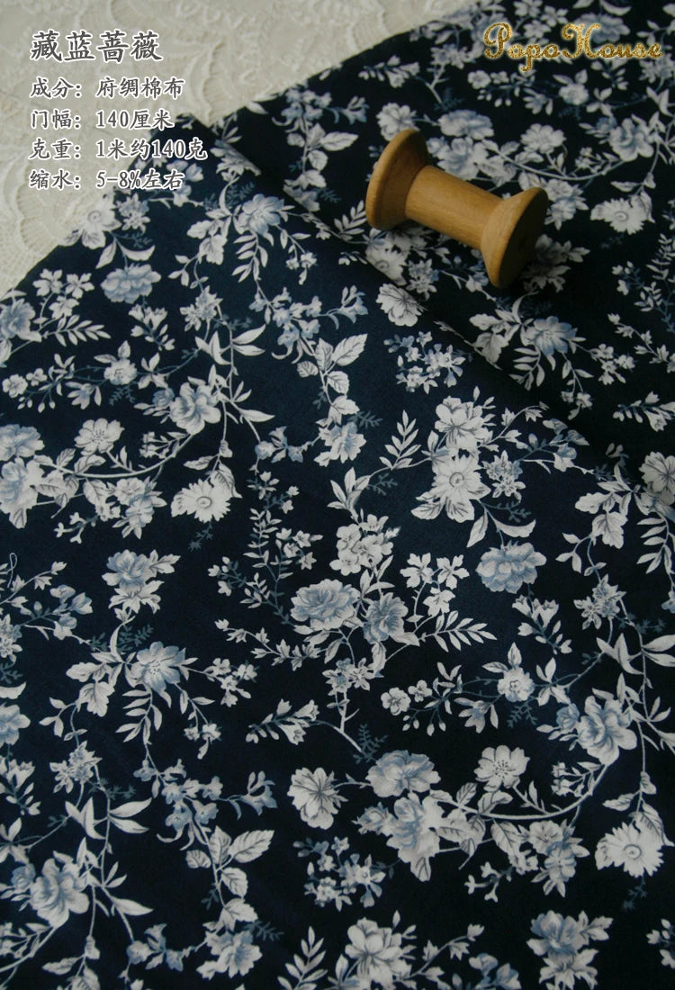 Blue White Porcelain Rose Cotton Poplin Fabric 140x50cm