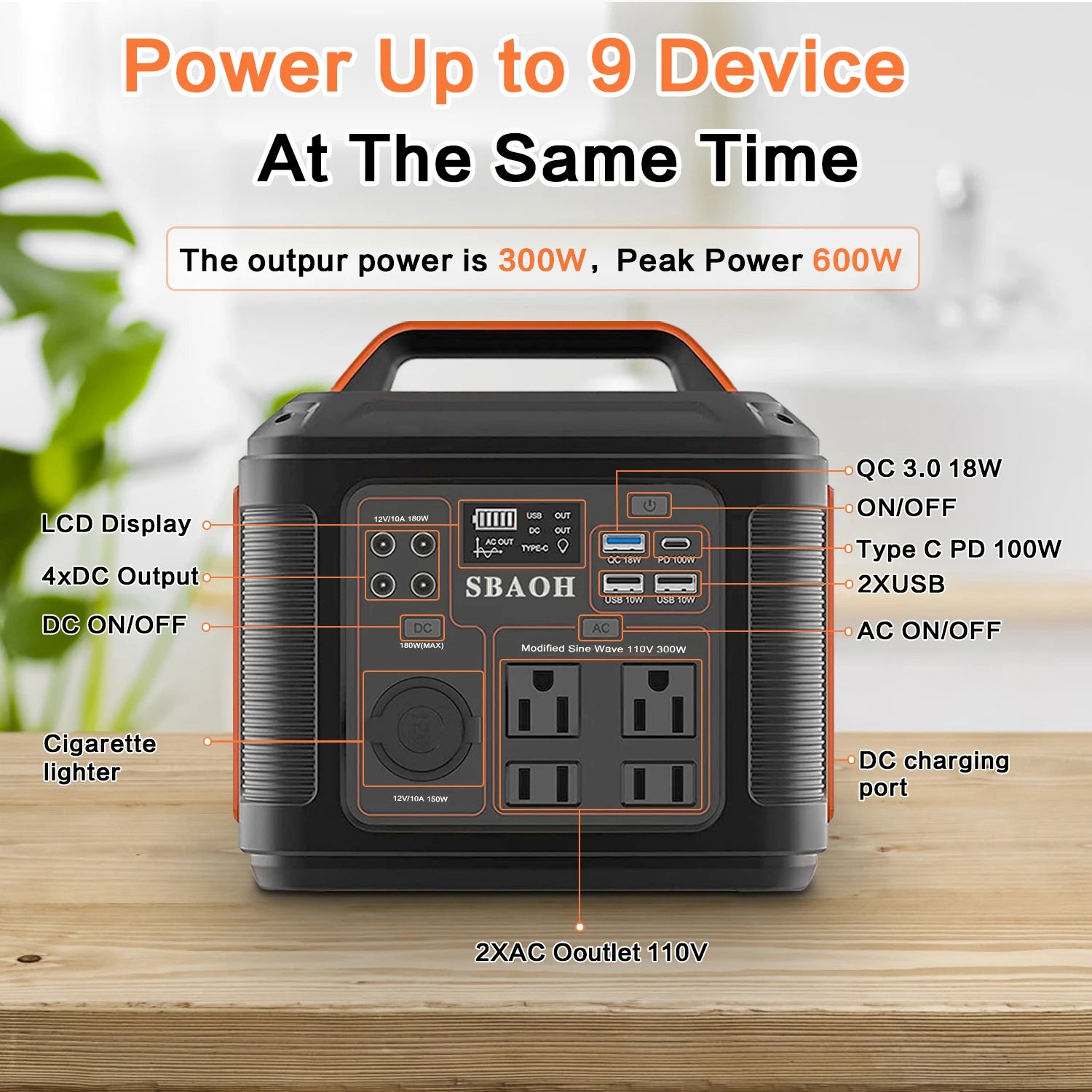 300W Portable Power Station Solar Generator with LED and AC/DC