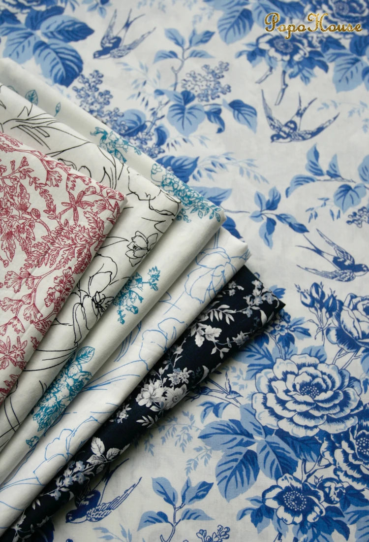 Blue White Porcelain Rose Cotton Poplin Fabric 140x50cm