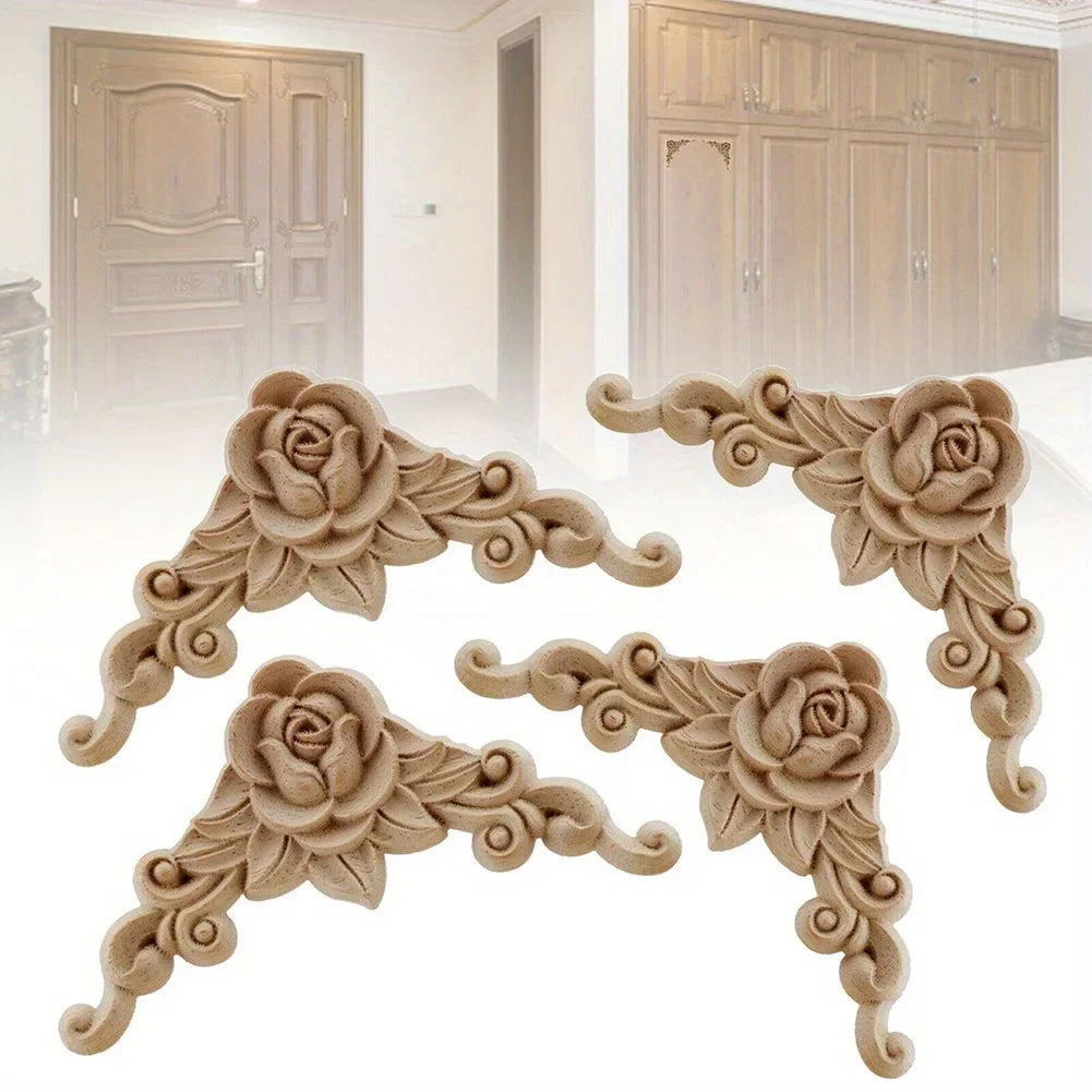 4pcs Natural Wood Carved Appliques – Decorative Corner Figurines for Furniture & Walls