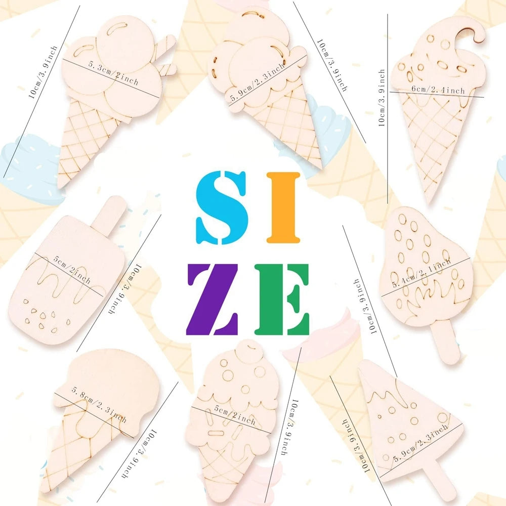 10pcs Wooden Ice Cream Ornaments for DIY Crafts