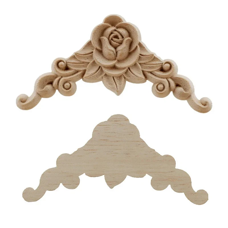 4pcs Natural Wood Carved Appliques – Decorative Corner Figurines for Furniture & Walls
