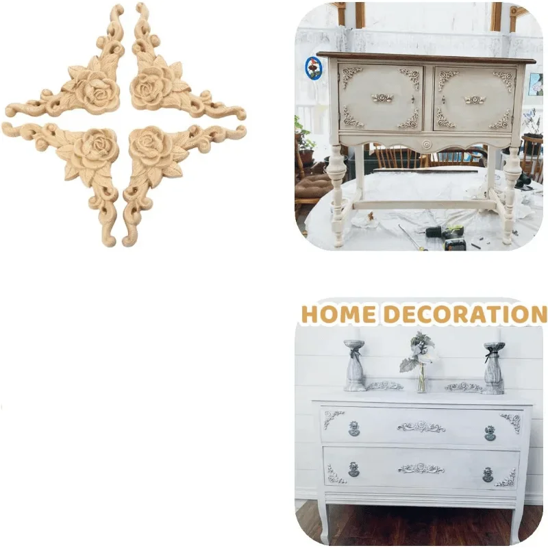 4pcs Natural Wood Carved Appliques – Decorative Corner Figurines for Furniture & Walls