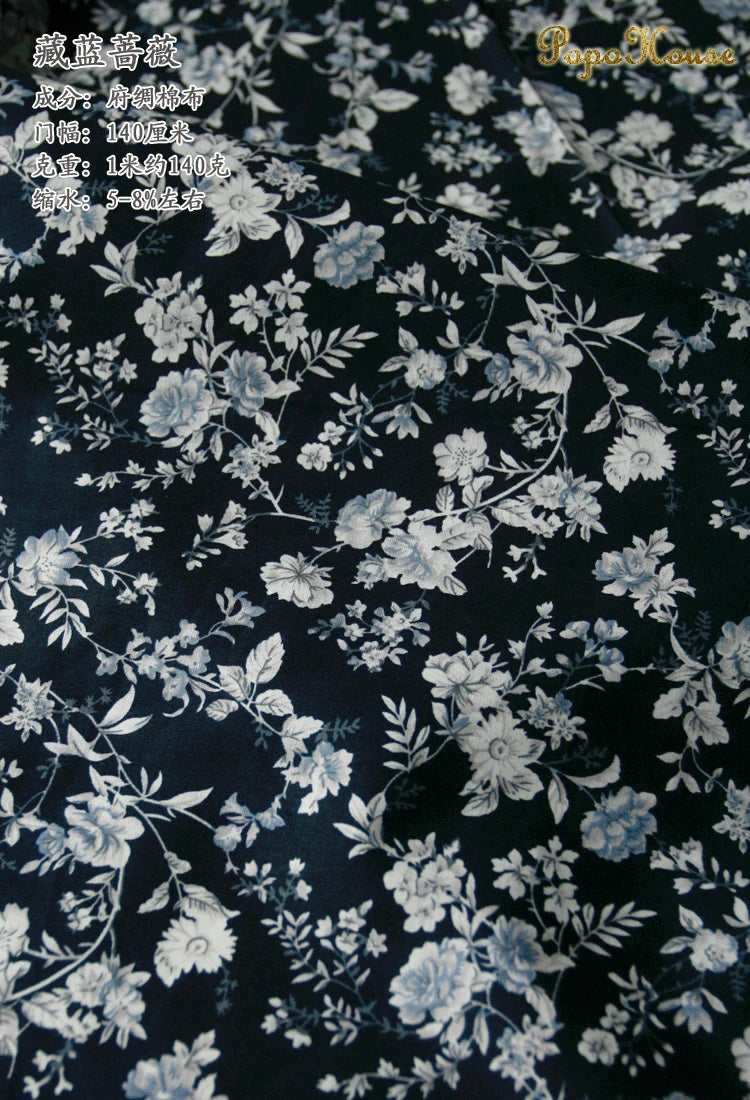 Blue White Porcelain Rose Cotton Poplin Fabric 140x50cm