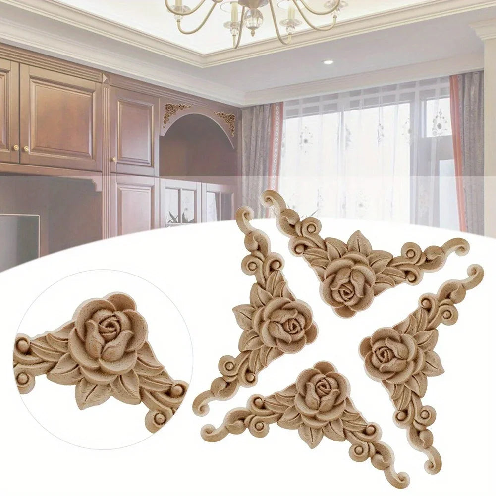 4pcs Natural Wood Carved Appliques – Decorative Corner Figurines for Furniture & Walls