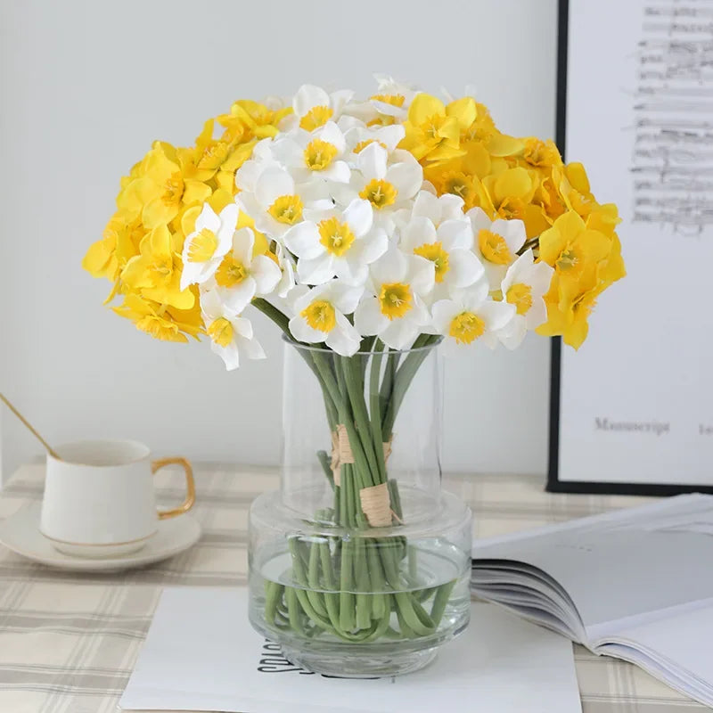 6pcs Silk Narcissus Artificial Flower Bouquet for Home or Wedding Deco