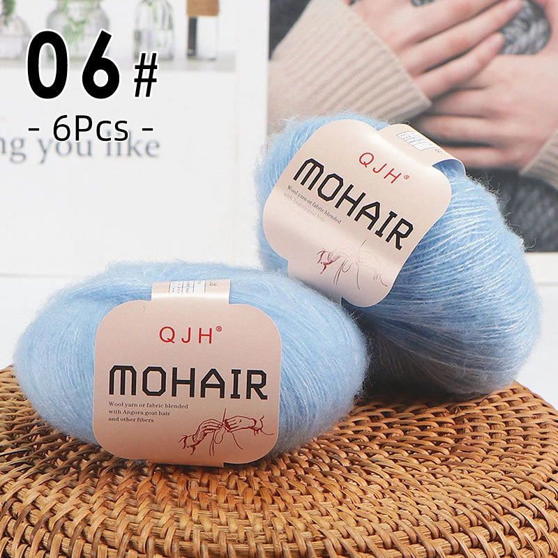 6pcs Soft Mohair Angora Yarn – Fluffy Lace Yarn for Knitting & Crochet (25g/pc)