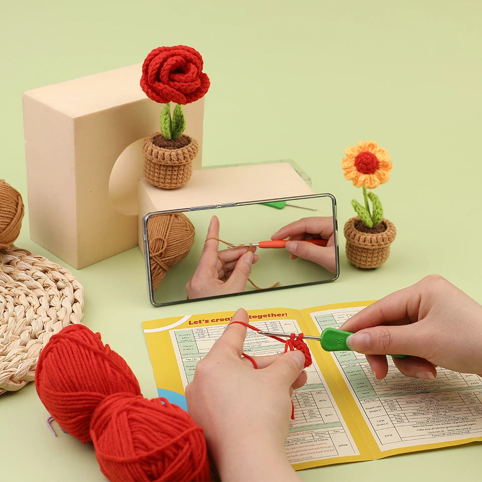 KRABALL 6pcs Beginner Crochet Potted Flower Kit