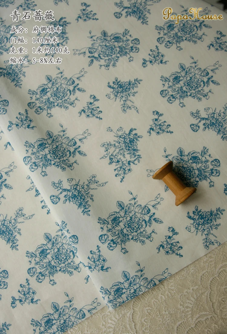 Blue White Porcelain Rose Cotton Poplin Fabric 140x50cm