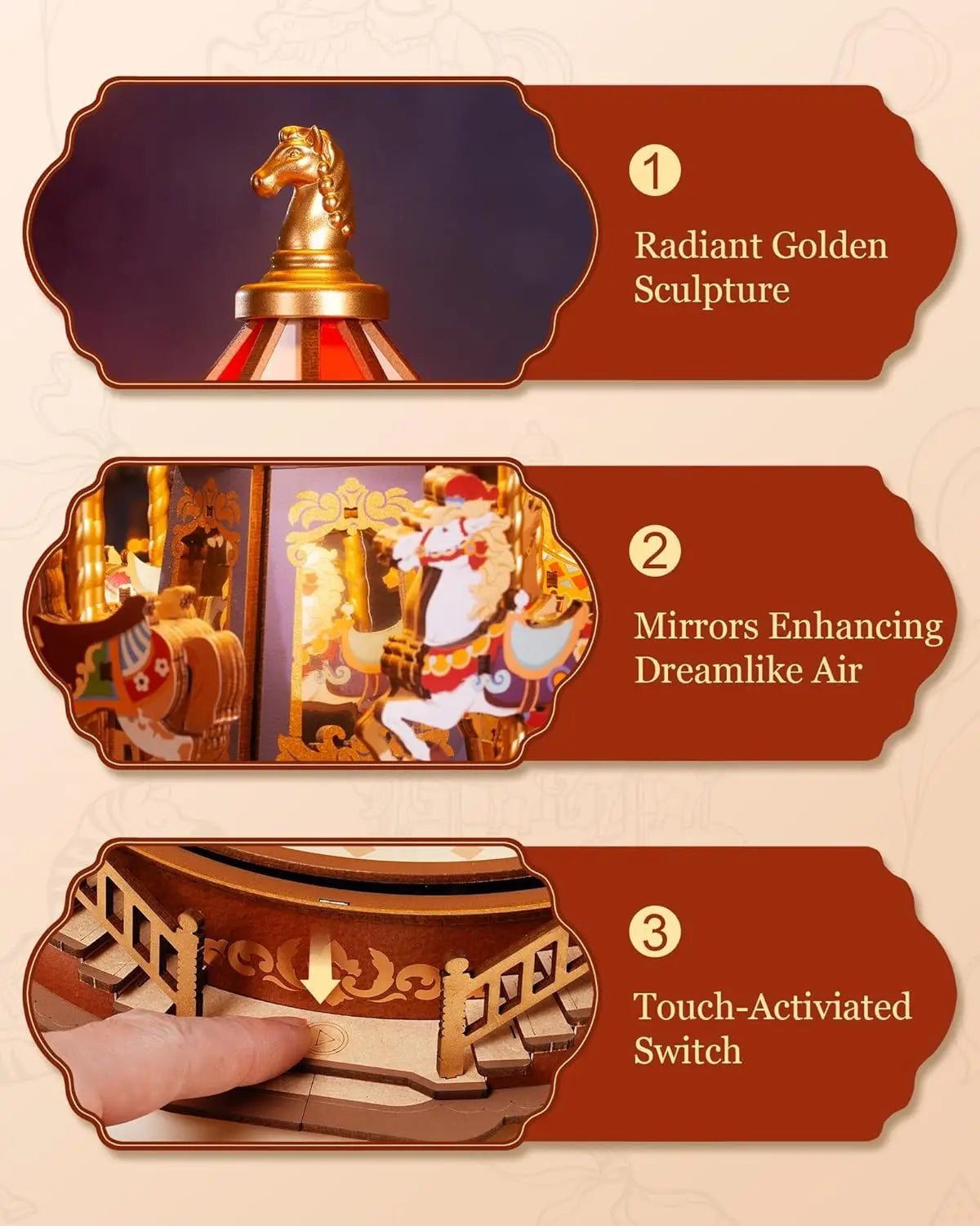 Robotime 3D Wooden Carousel Music Box with LED Lights