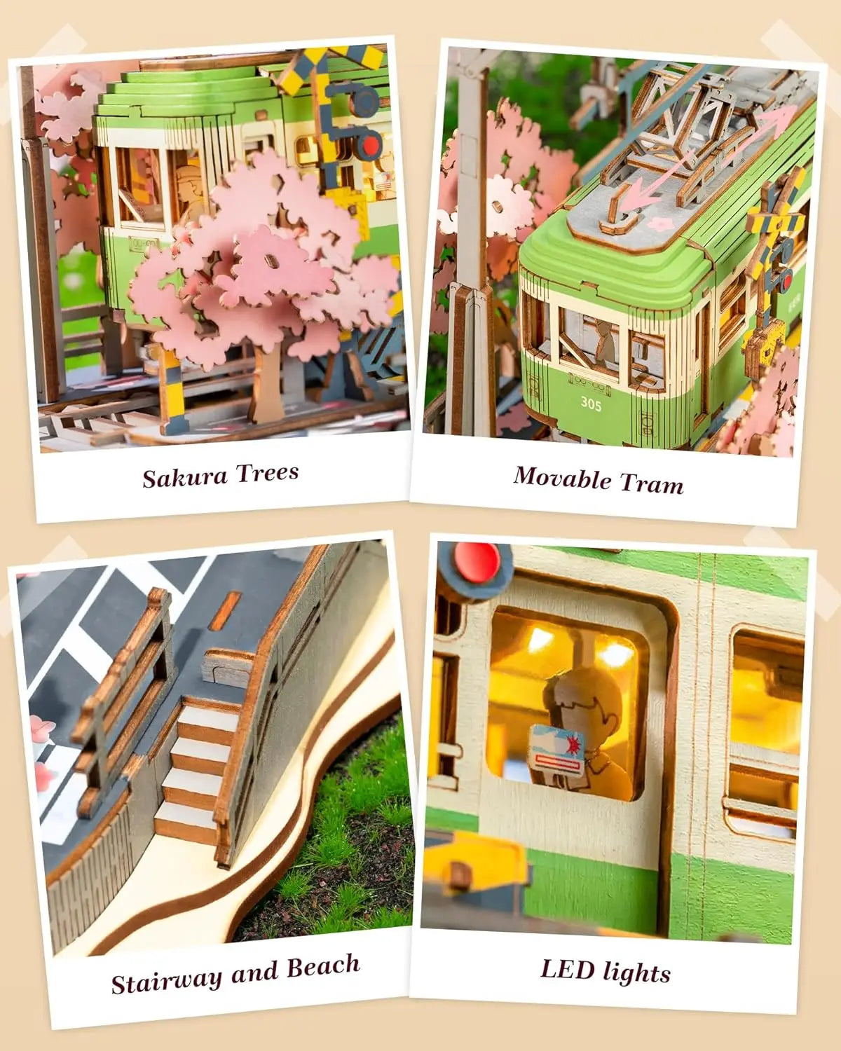 Robotime Sakura Journey 3D Wooden Puzzle Tram Model with LED Light