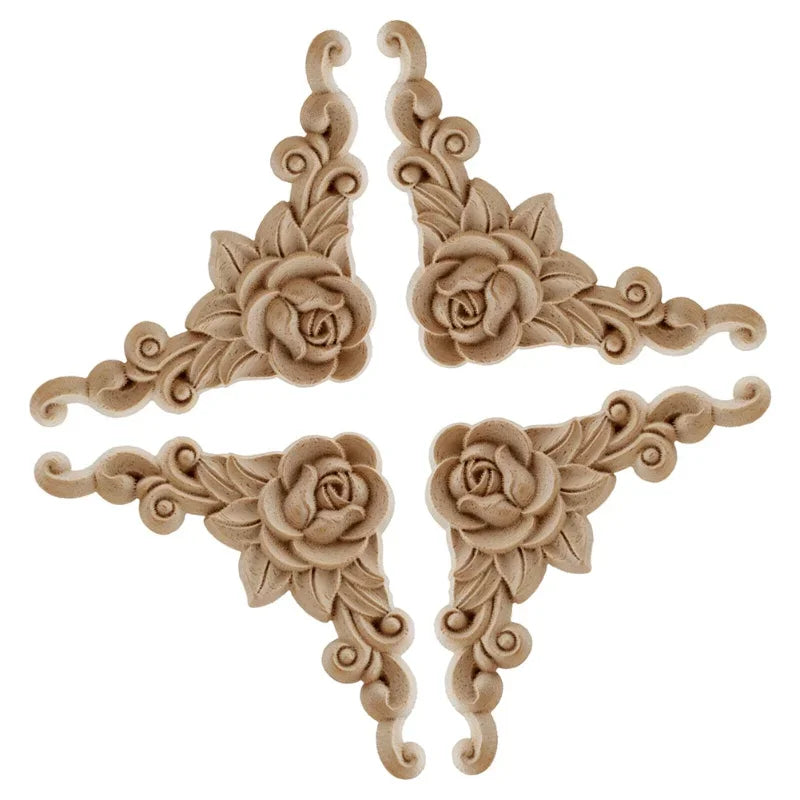 4pcs Natural Wood Carved Appliques – Decorative Corner Figurines for Furniture & Walls