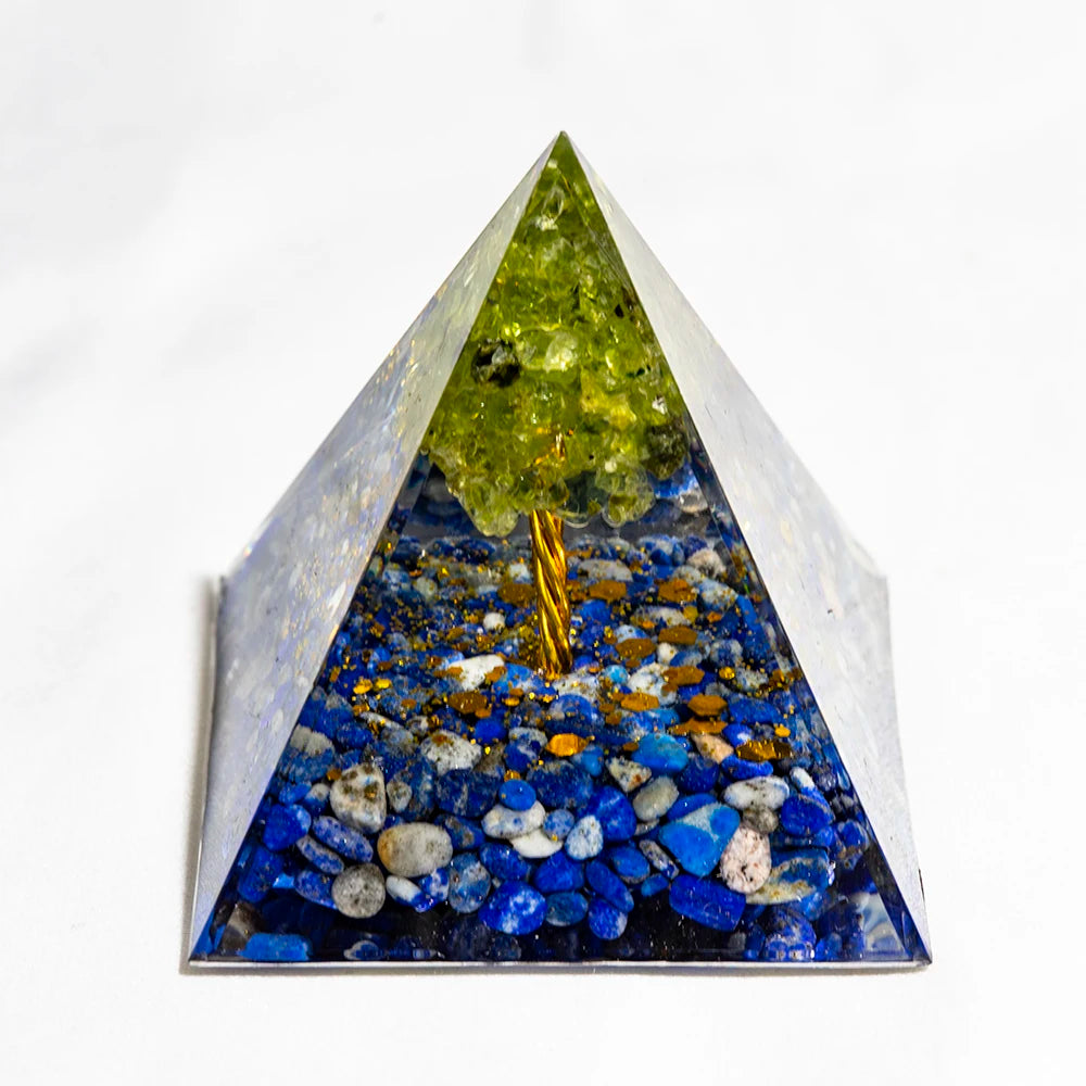 Crystal Energy Pyramid with Peridot and Amethyst for Chakra Healing