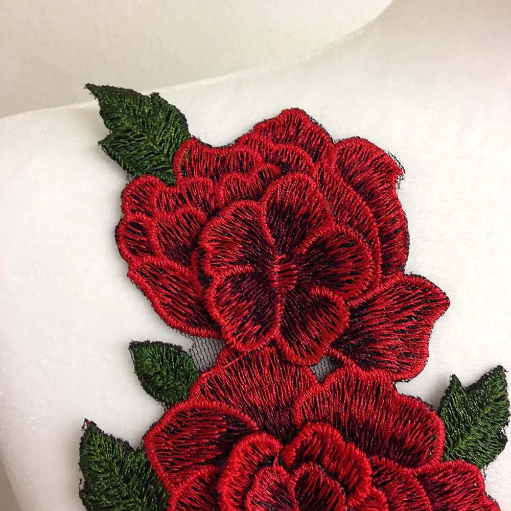 Red Embroidered Rose Applique Patch Pair 23x12cm