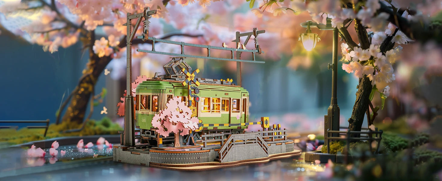 Robotime Sakura Journey 3D Wooden Puzzle Tram Model with LED Light