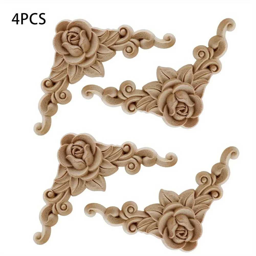4pcs Natural Wood Carved Appliques – Decorative Corner Figurines for Furniture & Walls