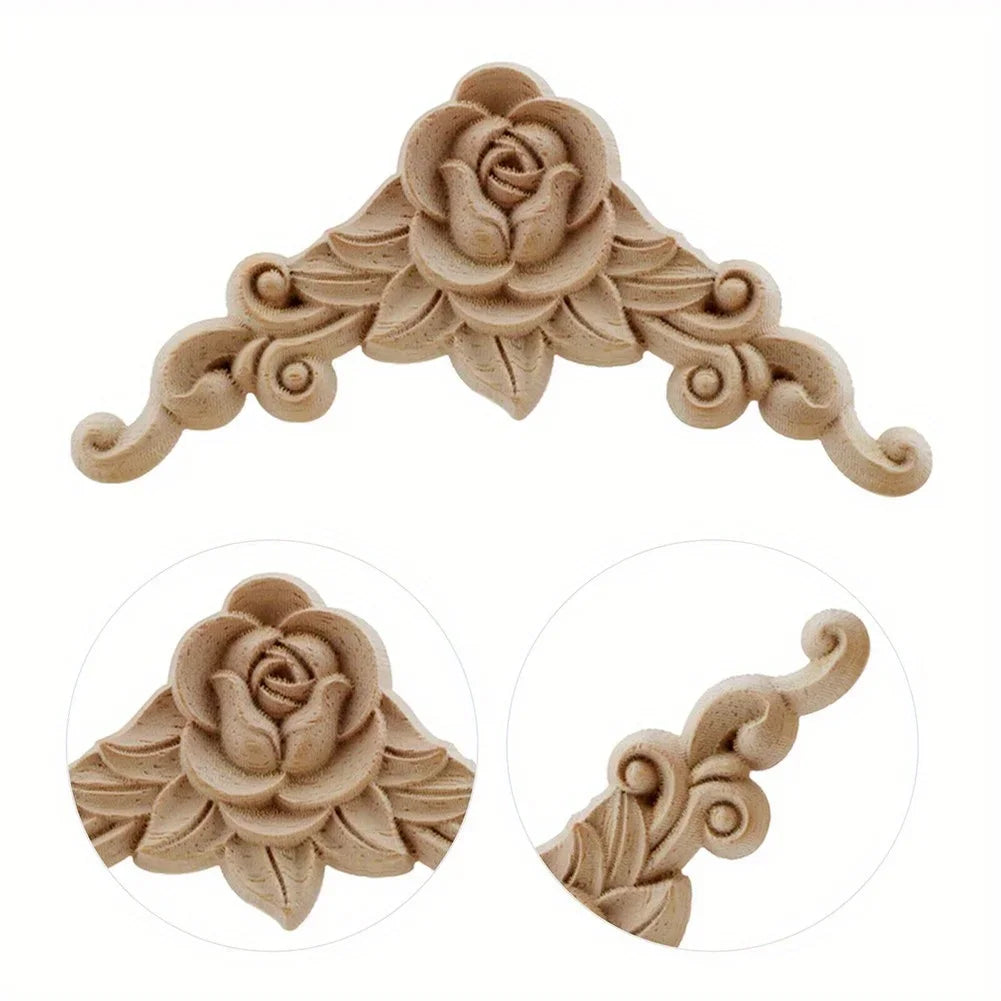 4pcs Natural Wood Carved Appliques – Decorative Corner Figurines for Furniture & Walls