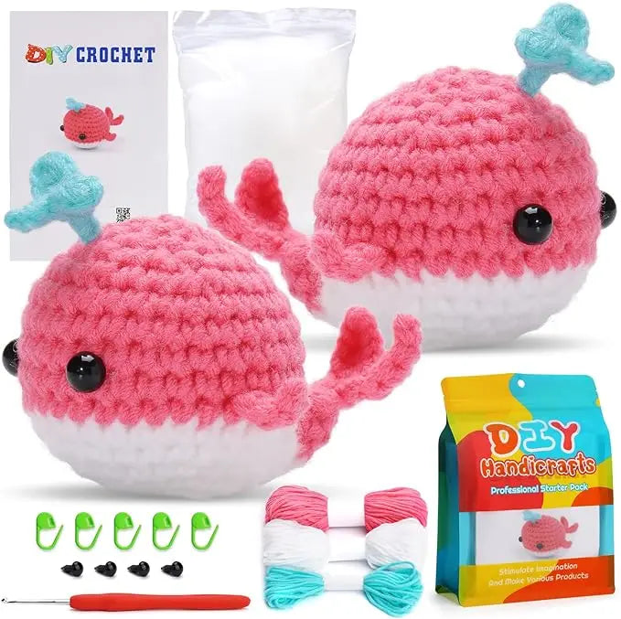 MIUSIE 2PCS DIY Animal Crochet Kit Whale Dolls with Wool Yarn (4 Colors)