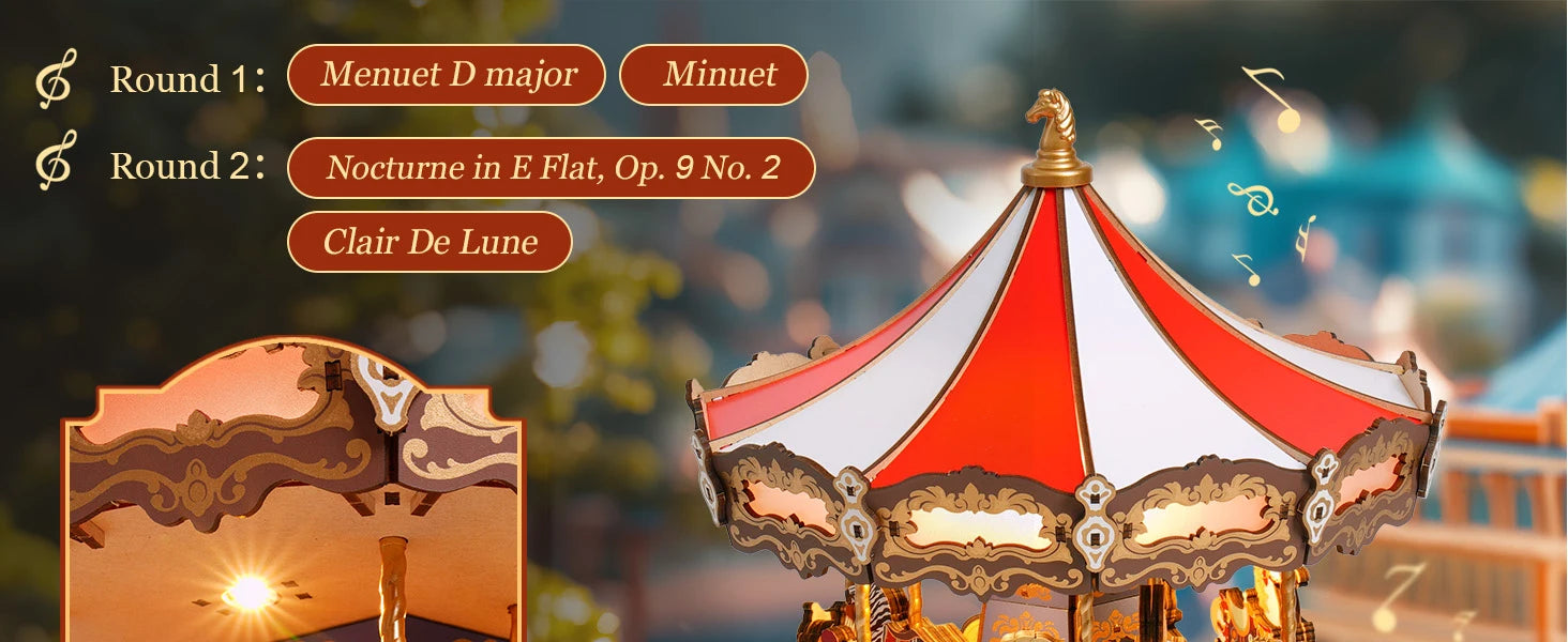 Robotime 3D Wooden Carousel Music Box with LED Lights