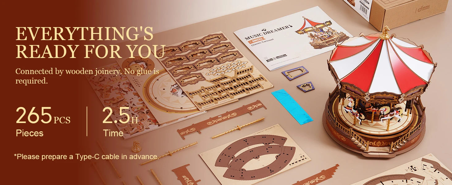 Robotime 3D Wooden Carousel Music Box with LED Lights