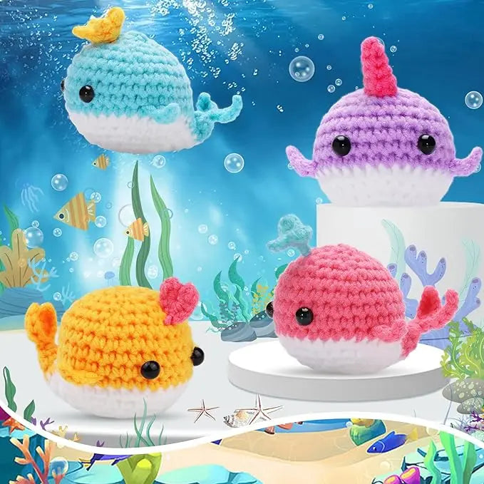 MIUSIE 2PCS DIY Animal Crochet Kit Whale Dolls with Wool Yarn (4 Colors)