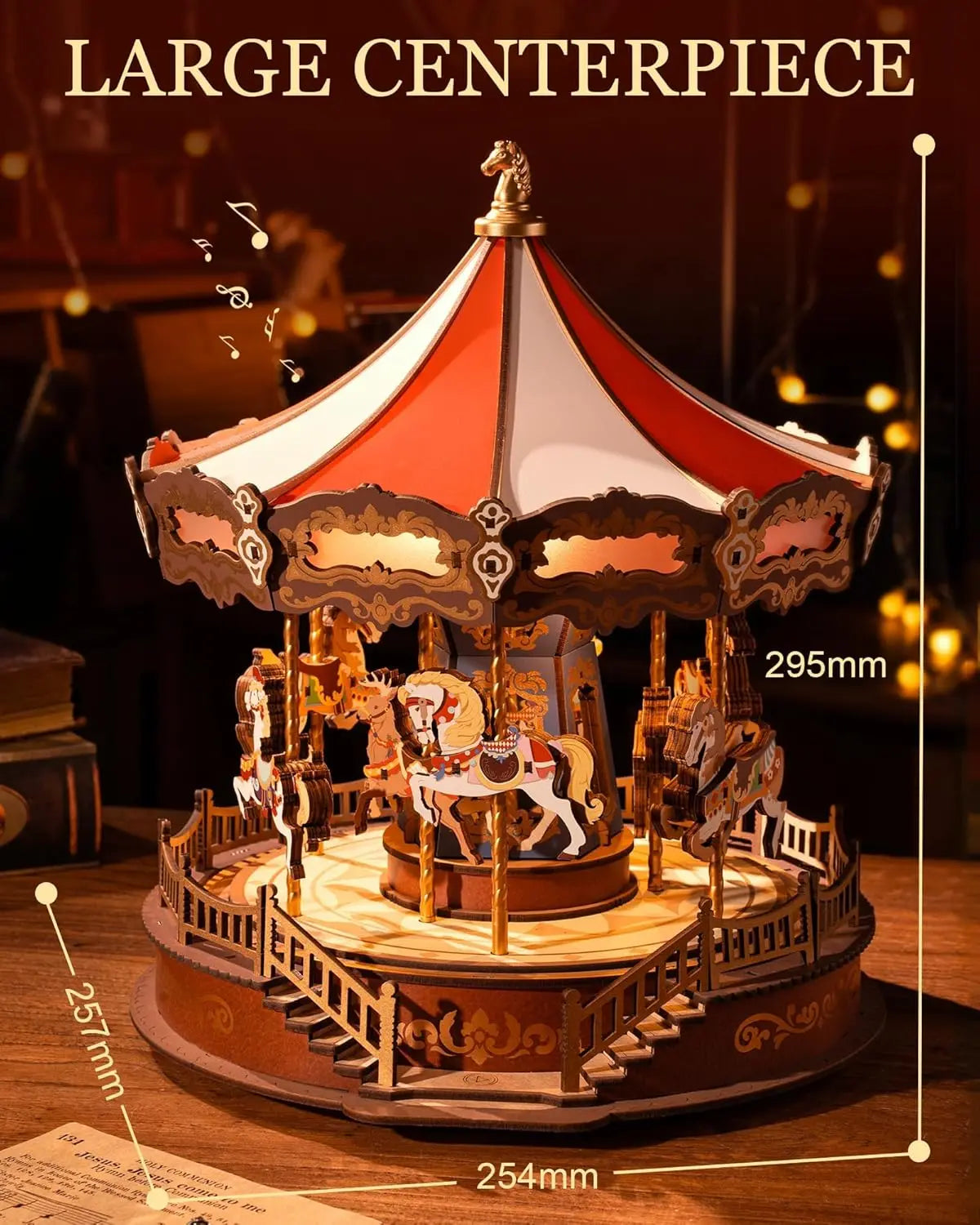 Robotime 3D Wooden Carousel Music Box with LED Lights