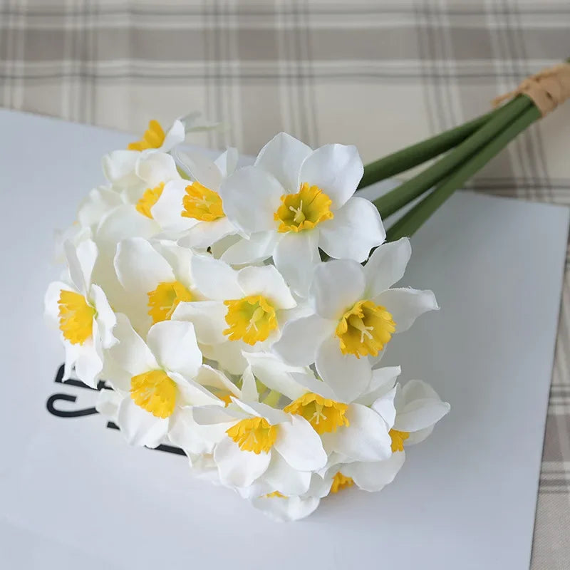 6pcs Silk Narcissus Artificial Flower Bouquet for Home or Wedding Deco