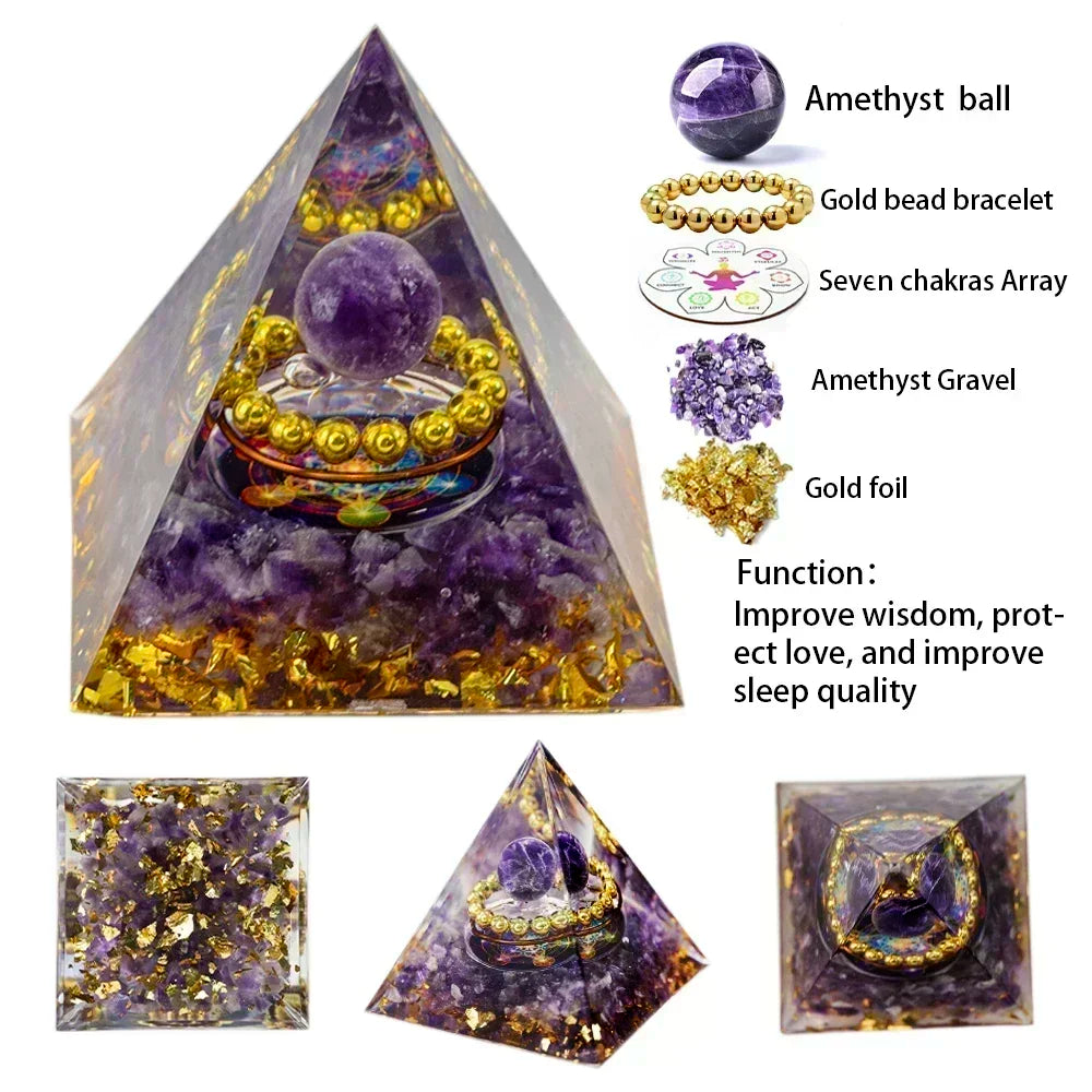 Crystal Energy Pyramid with Peridot and Amethyst for Chakra Healing